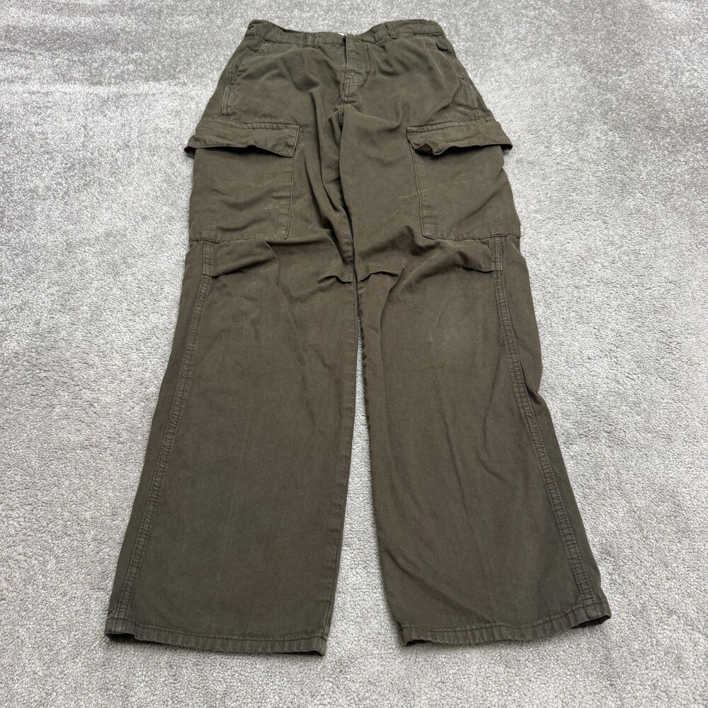 Zara High Rise Wide Leg Cargo Pants Womens 6 Green Cotton Utility Relaxed Casual